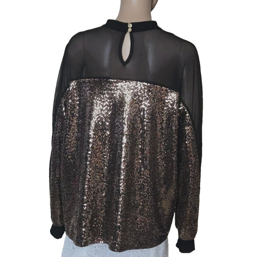 Nine West Women's Black Gold Sequins Knit Sheer Mesh Long Sleeve Top Size L - Picture 5 of 10